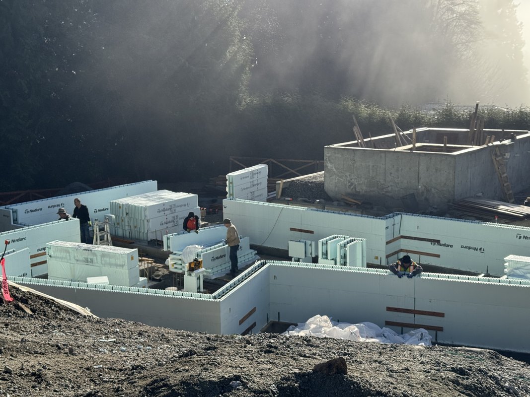 ICF foundation waterproofing with liquid-applied membrane and dimple drainage board
