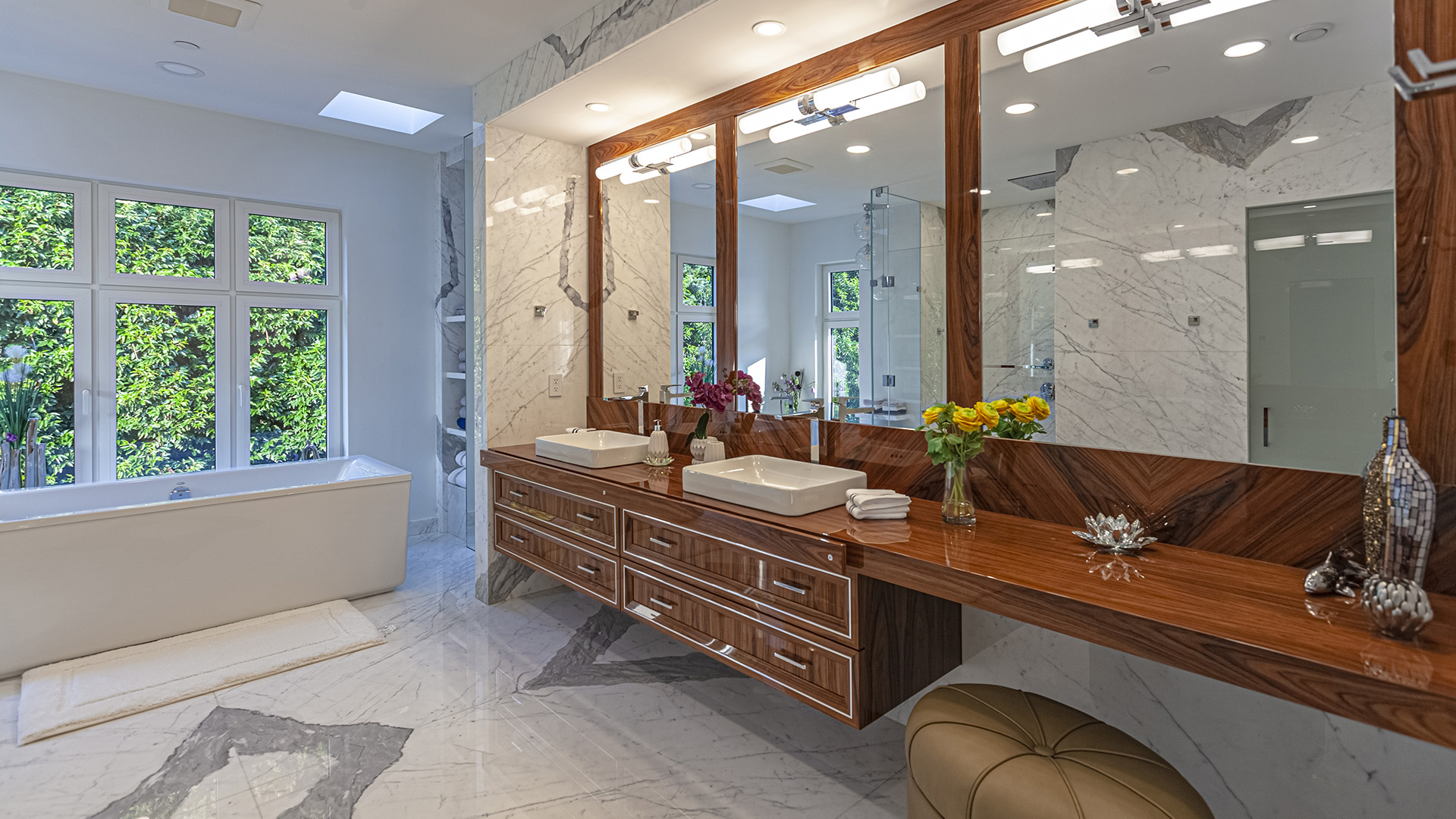 Altamont's Muse primary bathroom double vanity with rosewood cabinetry in West Vancouver