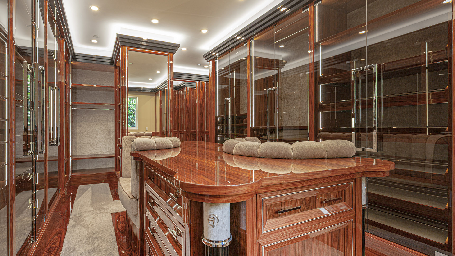 Altamont's Muse walk-in closet detail with island and boutique styling in West Vancouver