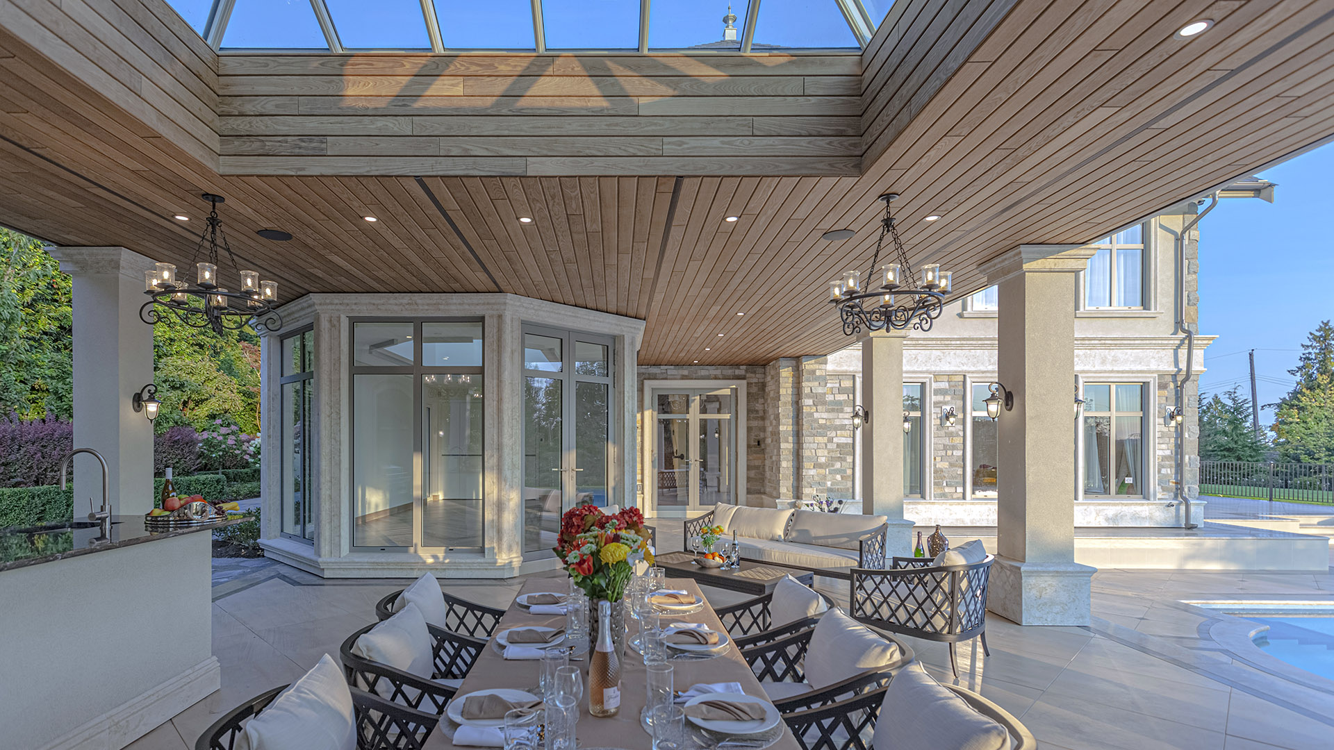 Altamont's Muse outdoor pavilion with skylight cupola and pool view in West Vancouver