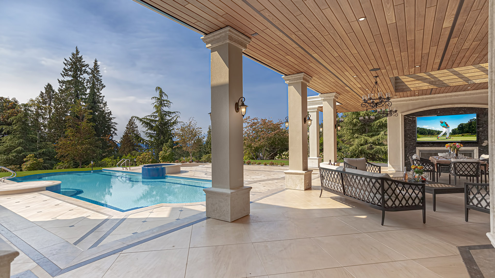 Altamont's Muse daytime pool and pavilion side view in West Vancouver