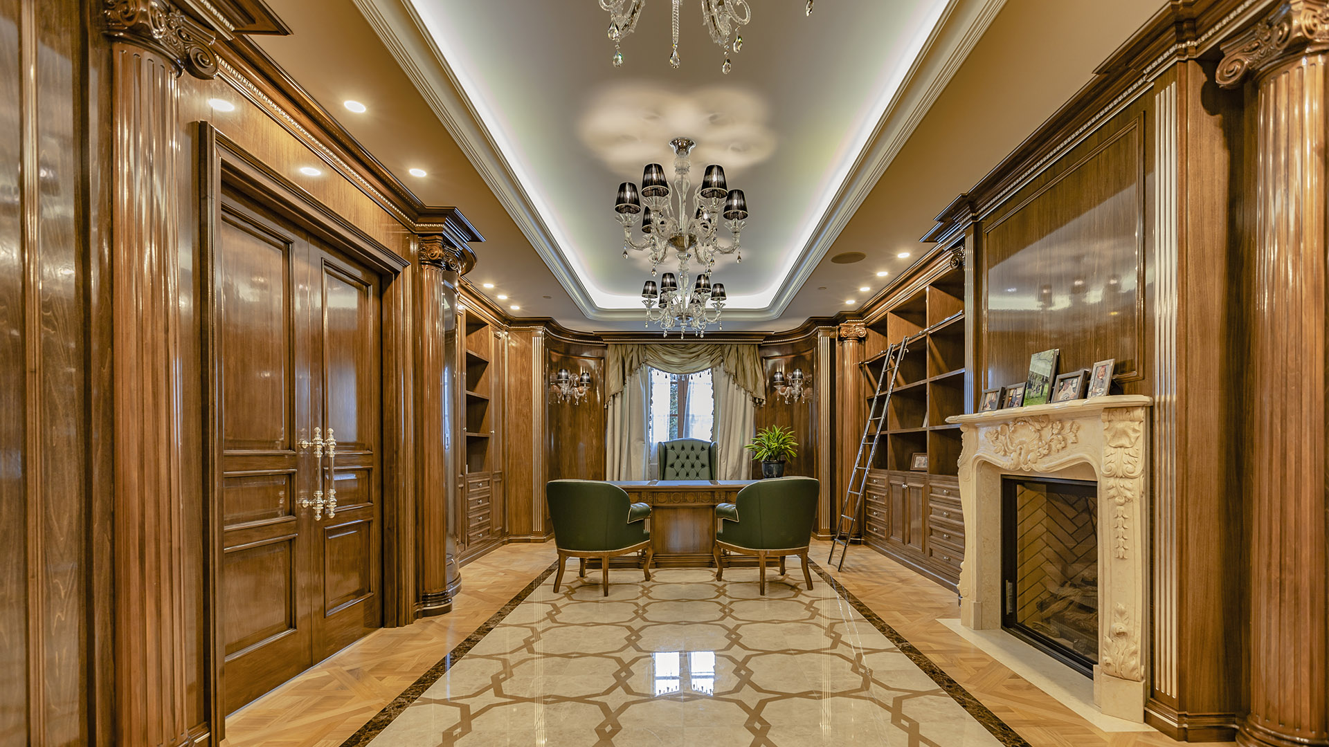 Ambleside Palace study with custom walnut cabinetry and inlaid marble flooring in West Vancouver
