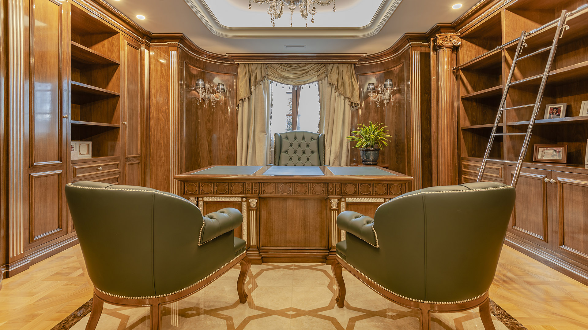Ambleside Palace executive desk with tufted leather chair and walnut library surround in West Vancouver