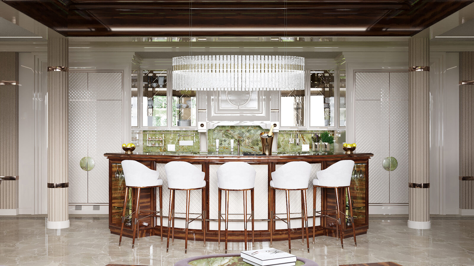 Green onyx bar with walnut island