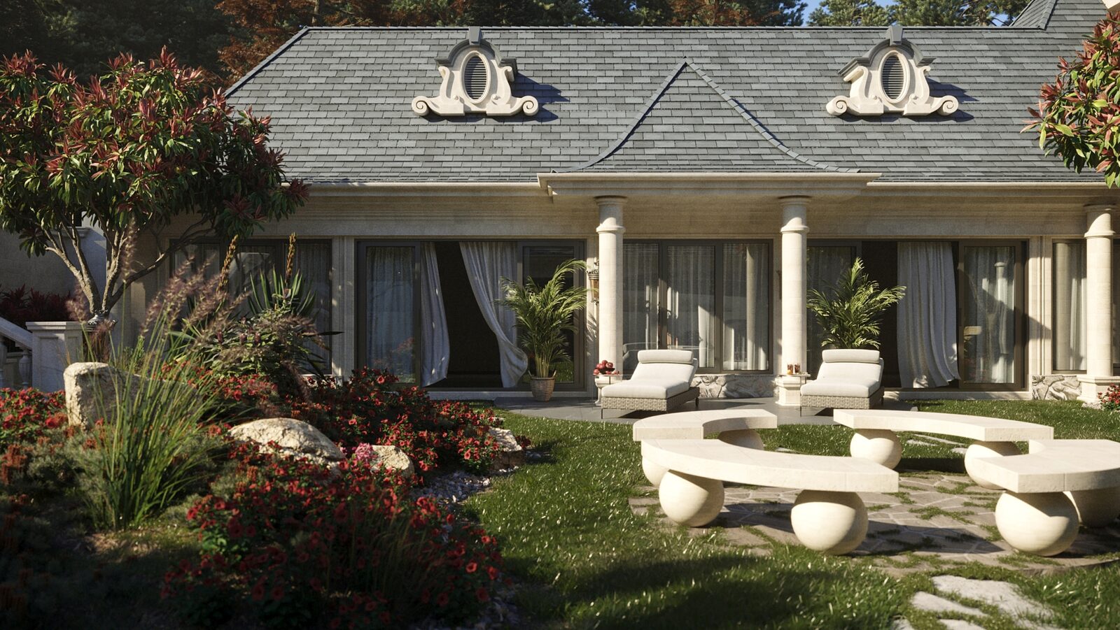 Rear colonnade and gardens