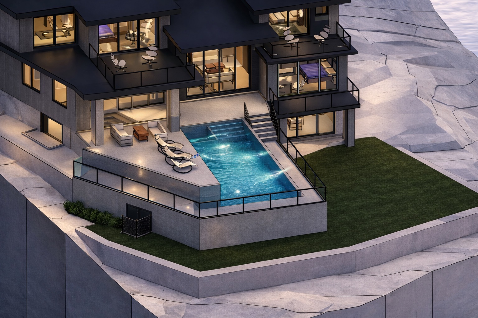 Benbow, West Vancouver — Aerial view of luxury hillside residence with pool, designed by Eurohouse Studio