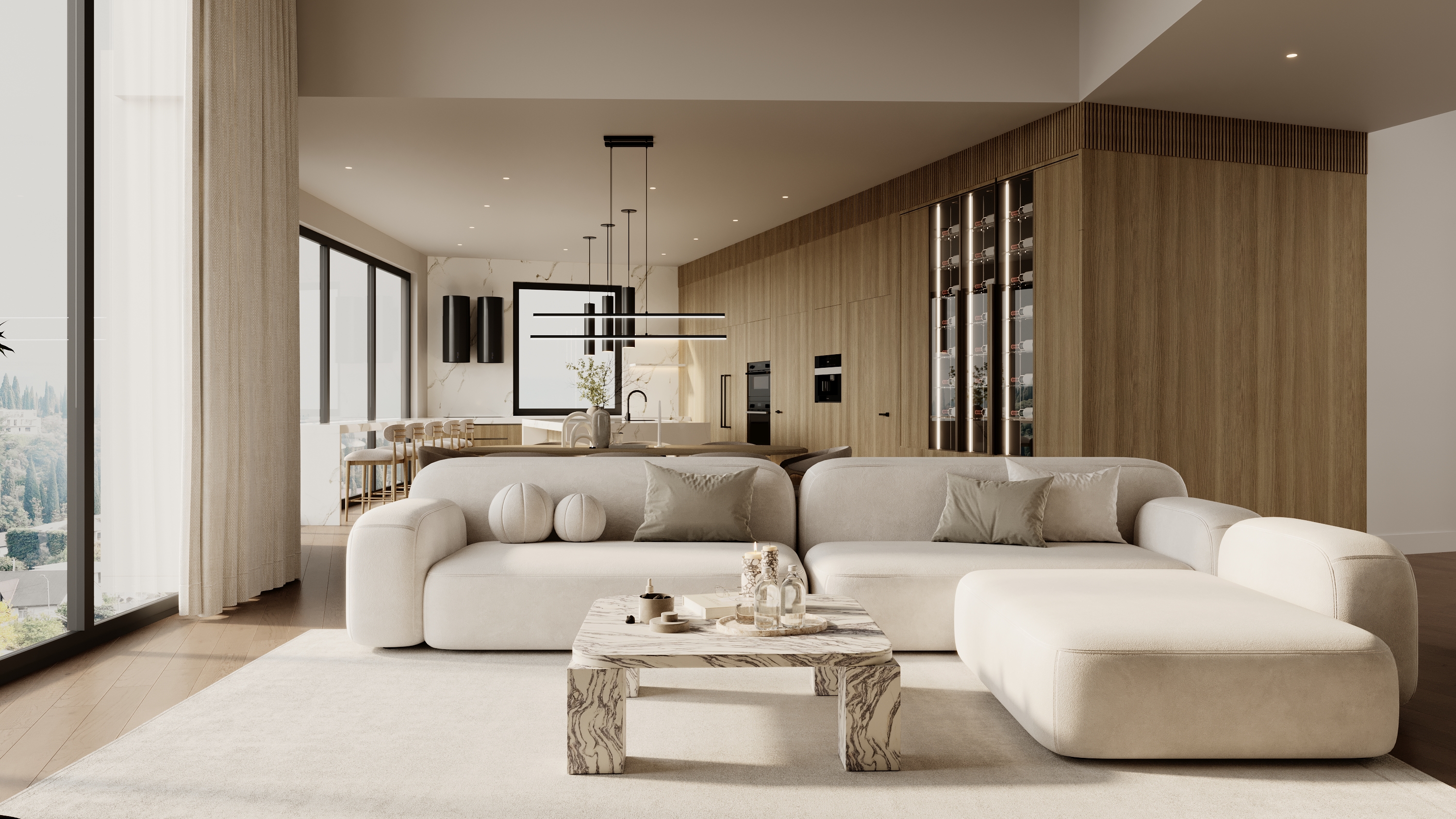 Open-plan living room with modular sofa, marble coffee table, and oak cabinetry at Benbow Road West Vancouver by Eurohouse Studio