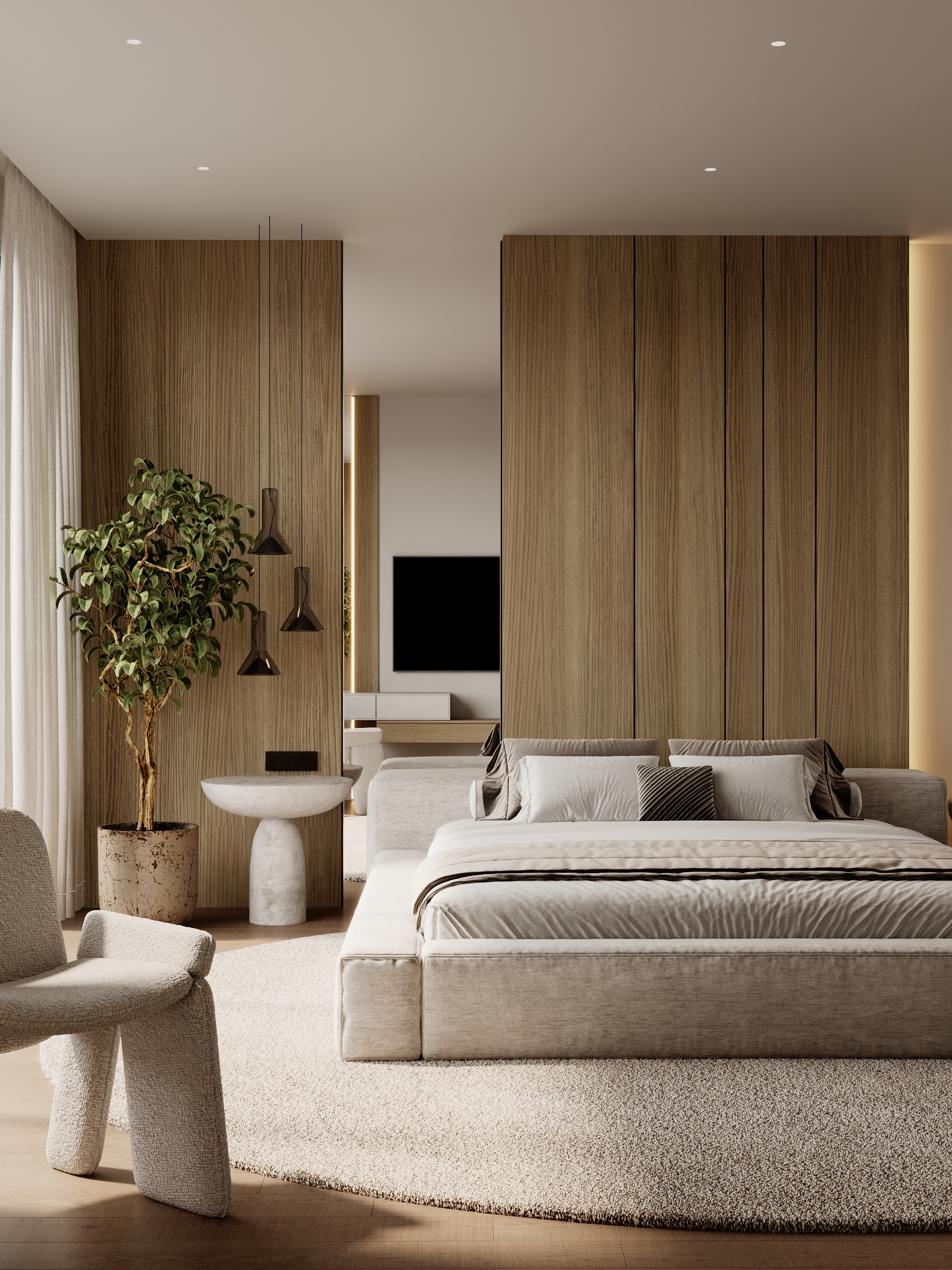 Master bedroom with timber ceiling at Benbow Road West Vancouver by Eurohouse Studio