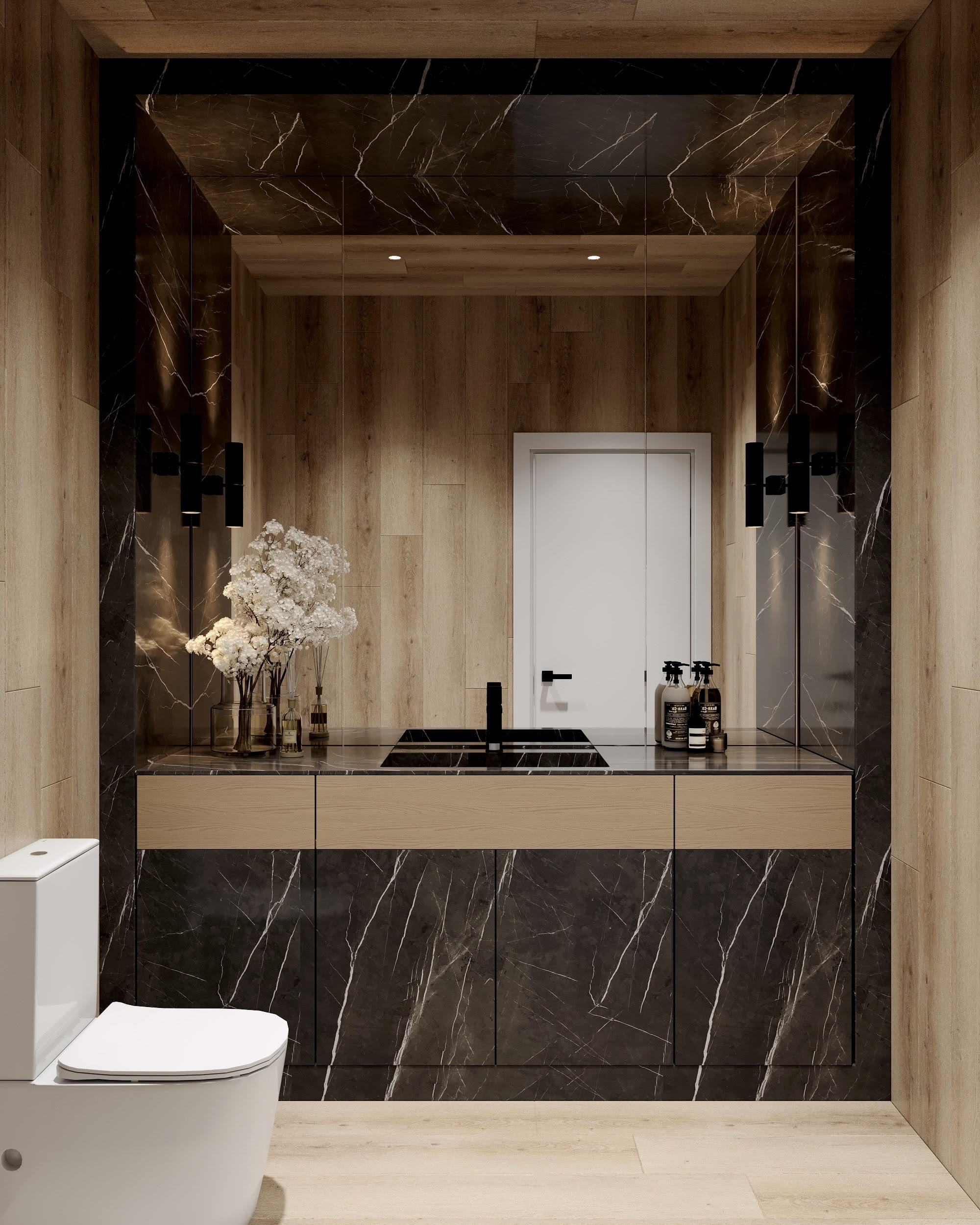 Powder room with stone vanity at Benbow Road West Vancouver by Eurohouse Studio