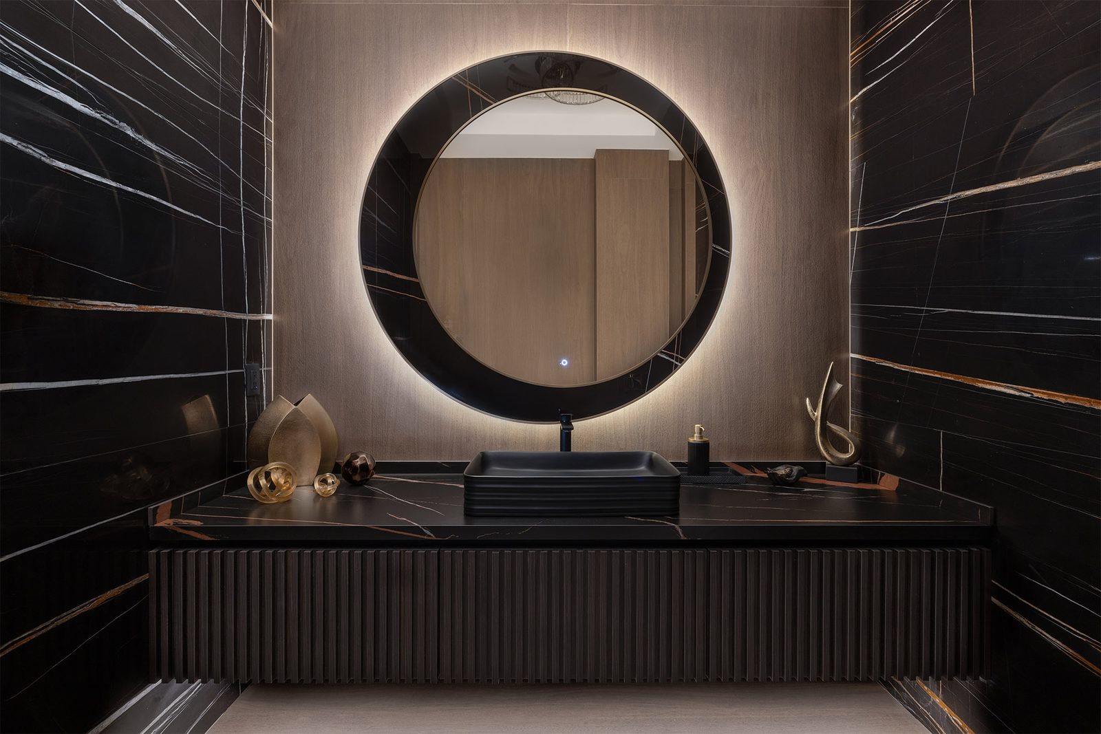 Panoramic view of open-concept kitchen flowing into dining and living areas contemporary West Vancouver residence