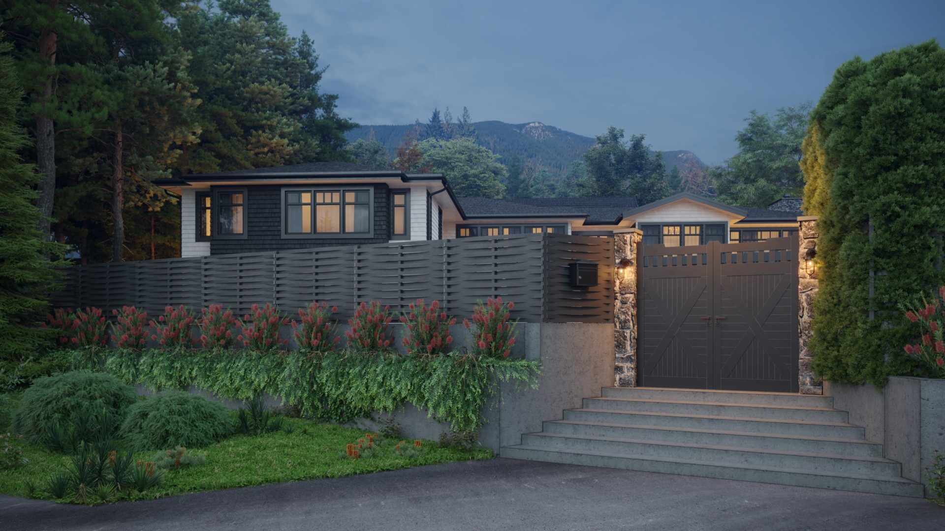Street view render of luxury West Vancouver estate behind woven privacy fence terraced landscaping and gated entry at dusk designed by Eurohouse Construction