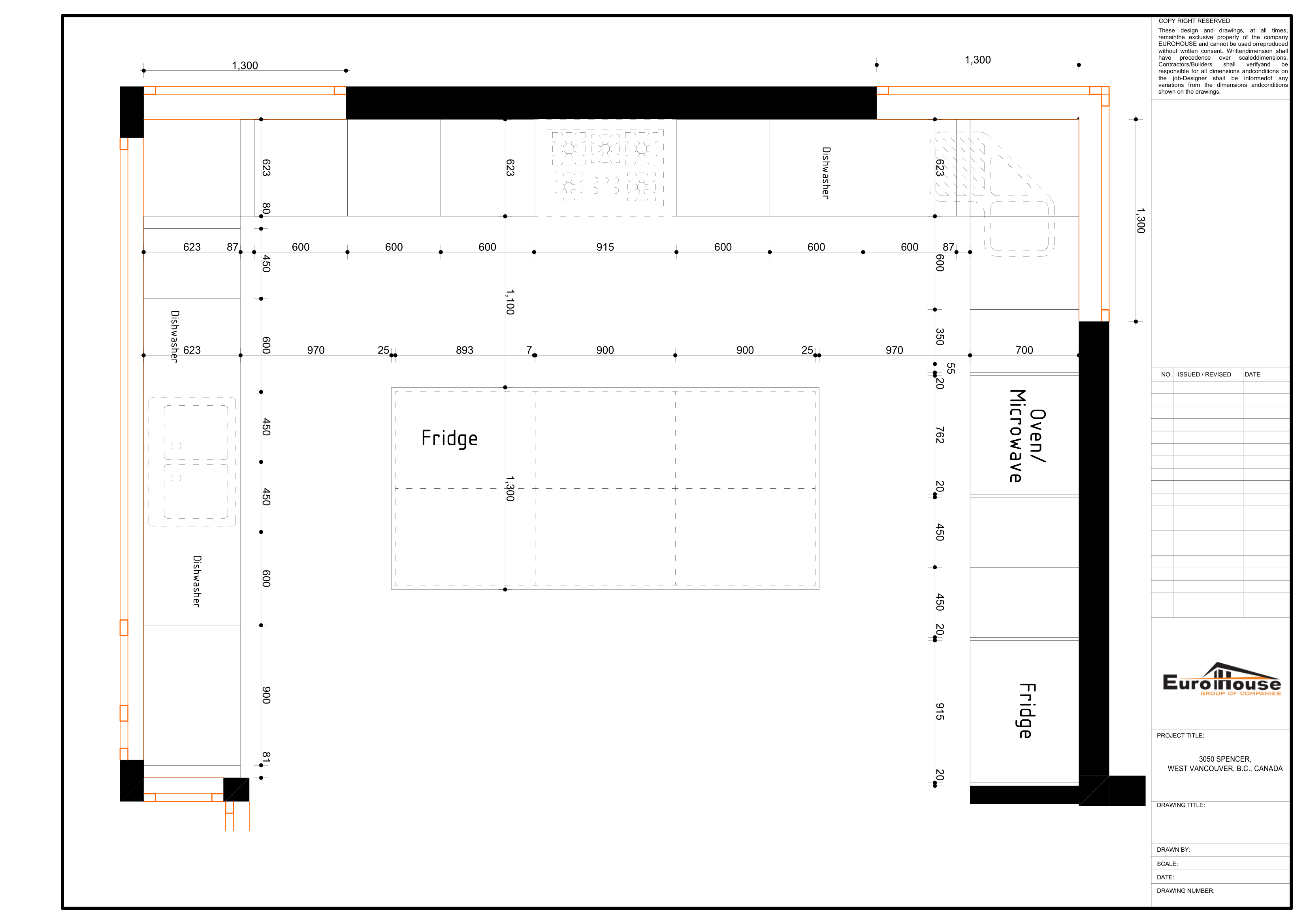 Kitchen cabinetry architectural drawing with dimensions for Lawson West Vancouver by Eurohouse Studio