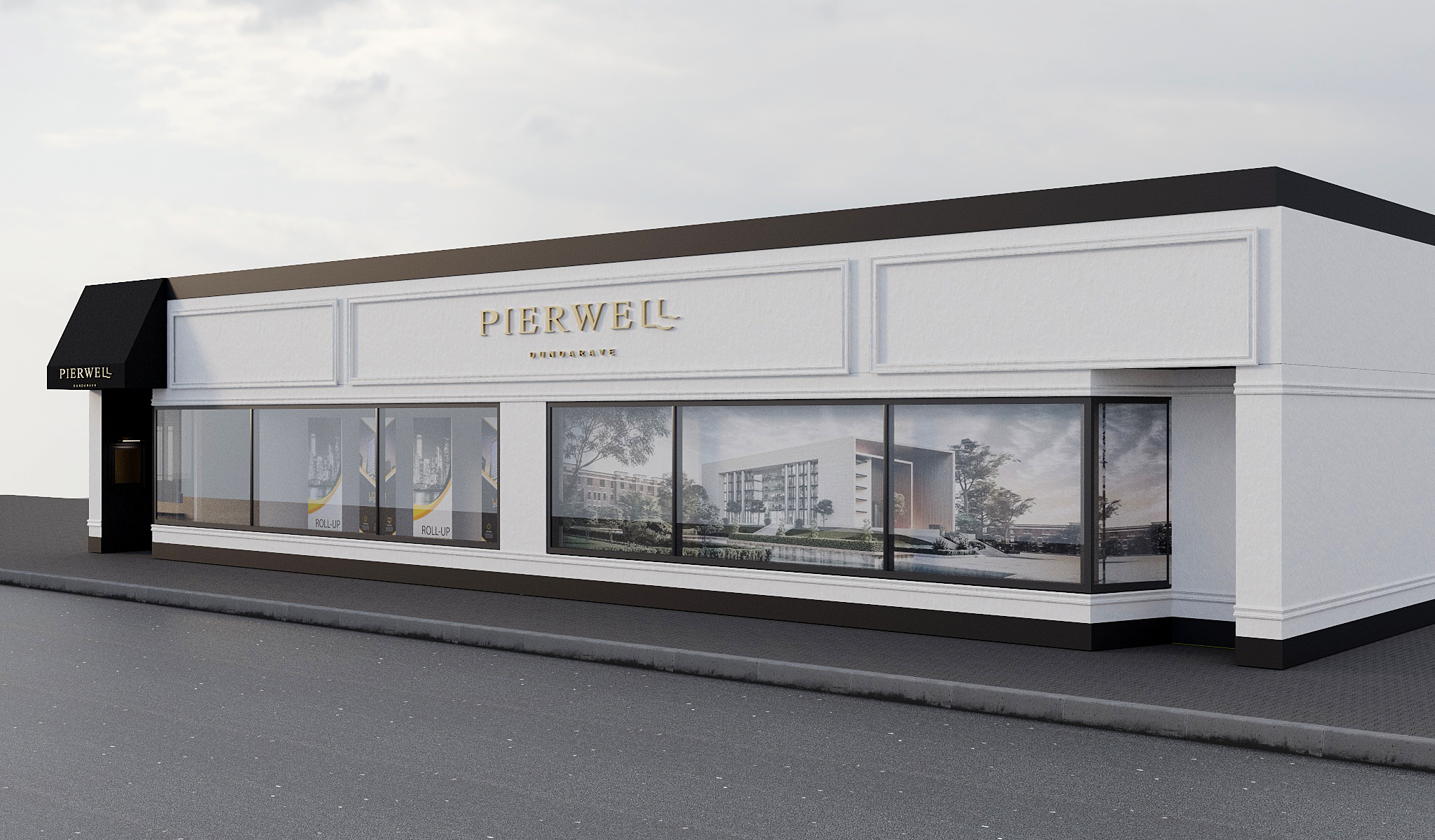Pierwell Dundarave — corner perspective showing full facade with branded signage and classical detailing