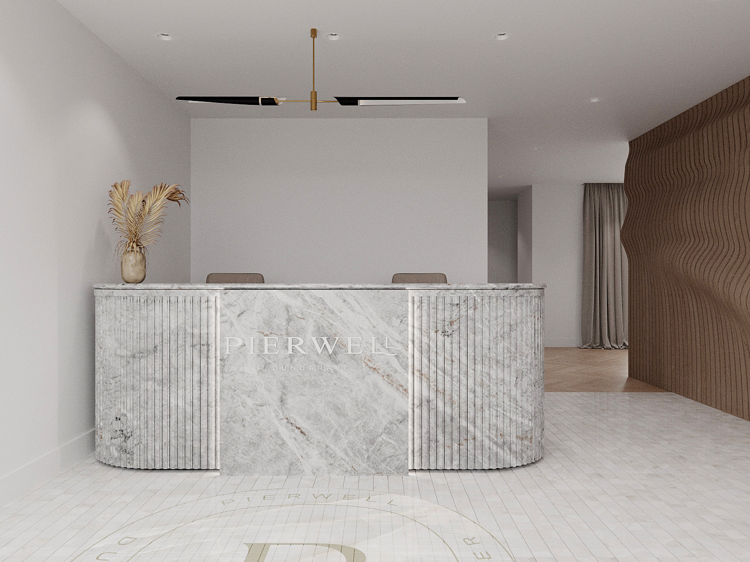Pierwell reception — marble desk with fluted detailing, brass chandelier, sculptural wood feature wall