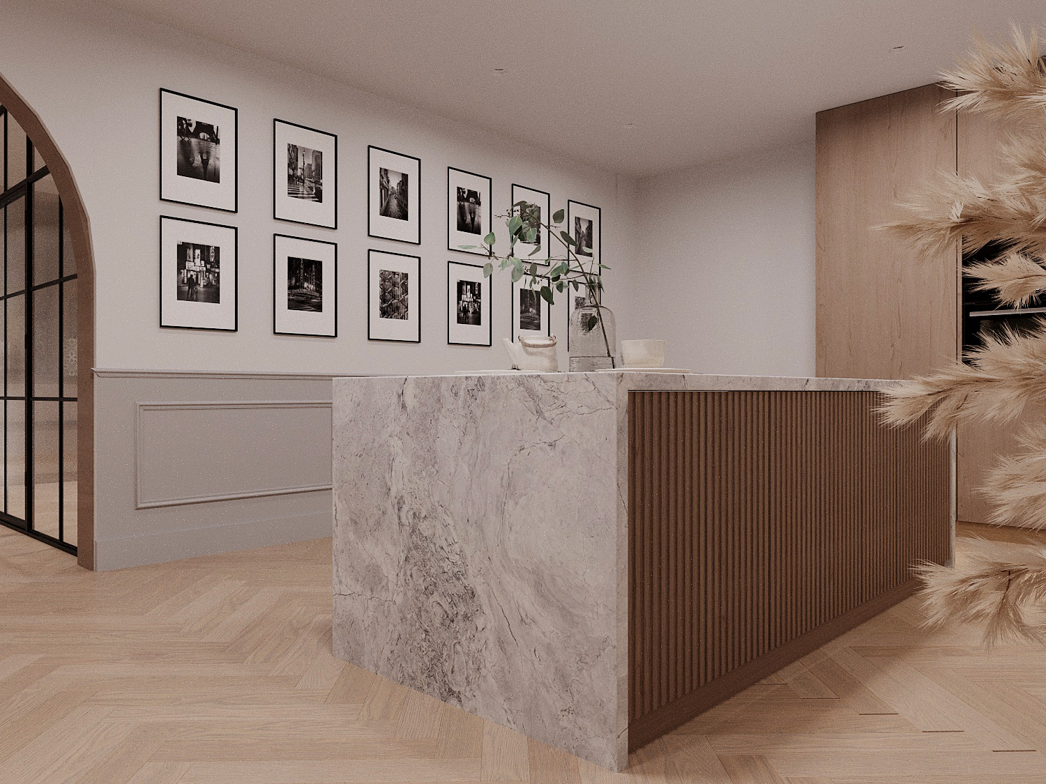 Pierwell gallery area — marble and fluted wood bar, photo gallery wall, herringbone hardwood floor