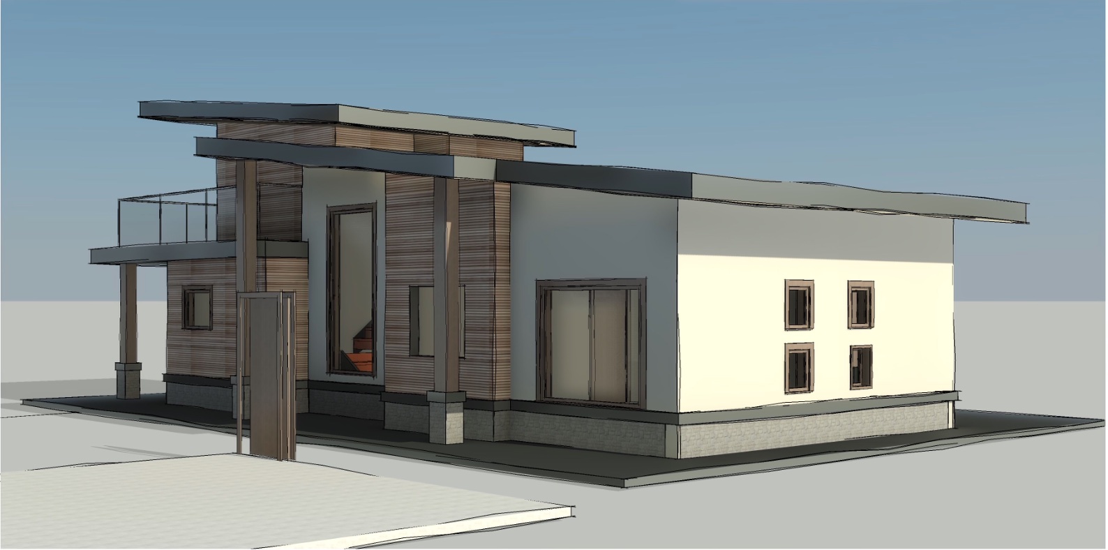 Rosebery Avenue guest house rebuild — front corner perspective showing mixed stucco and cedar cladding