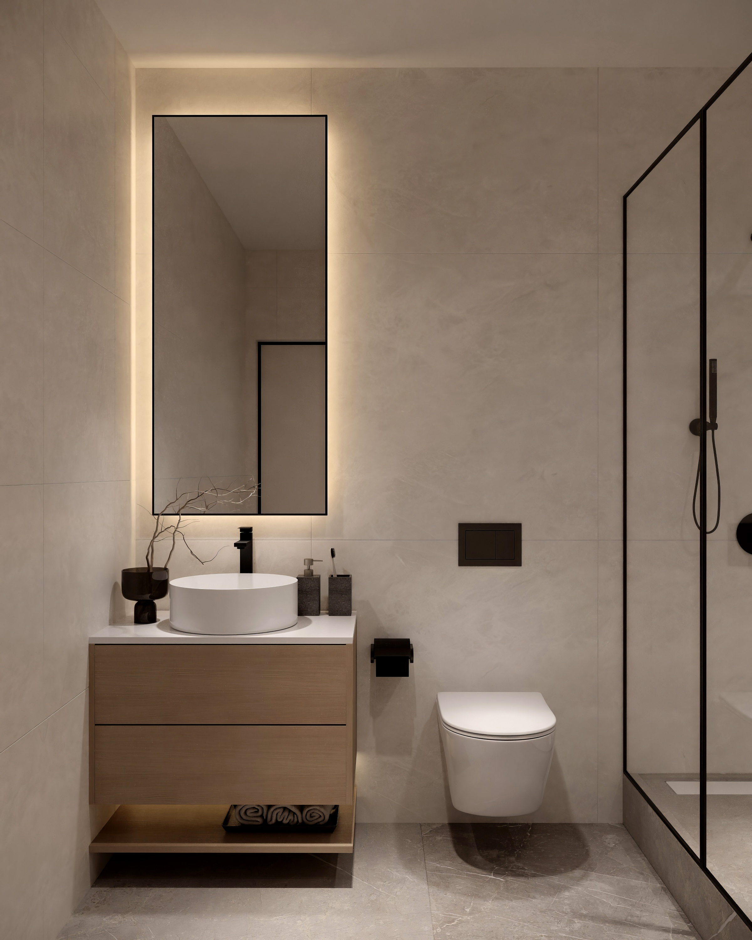 Lower level bathroom at Scandinavian barn house West Vancouver by Eurohouse Construction