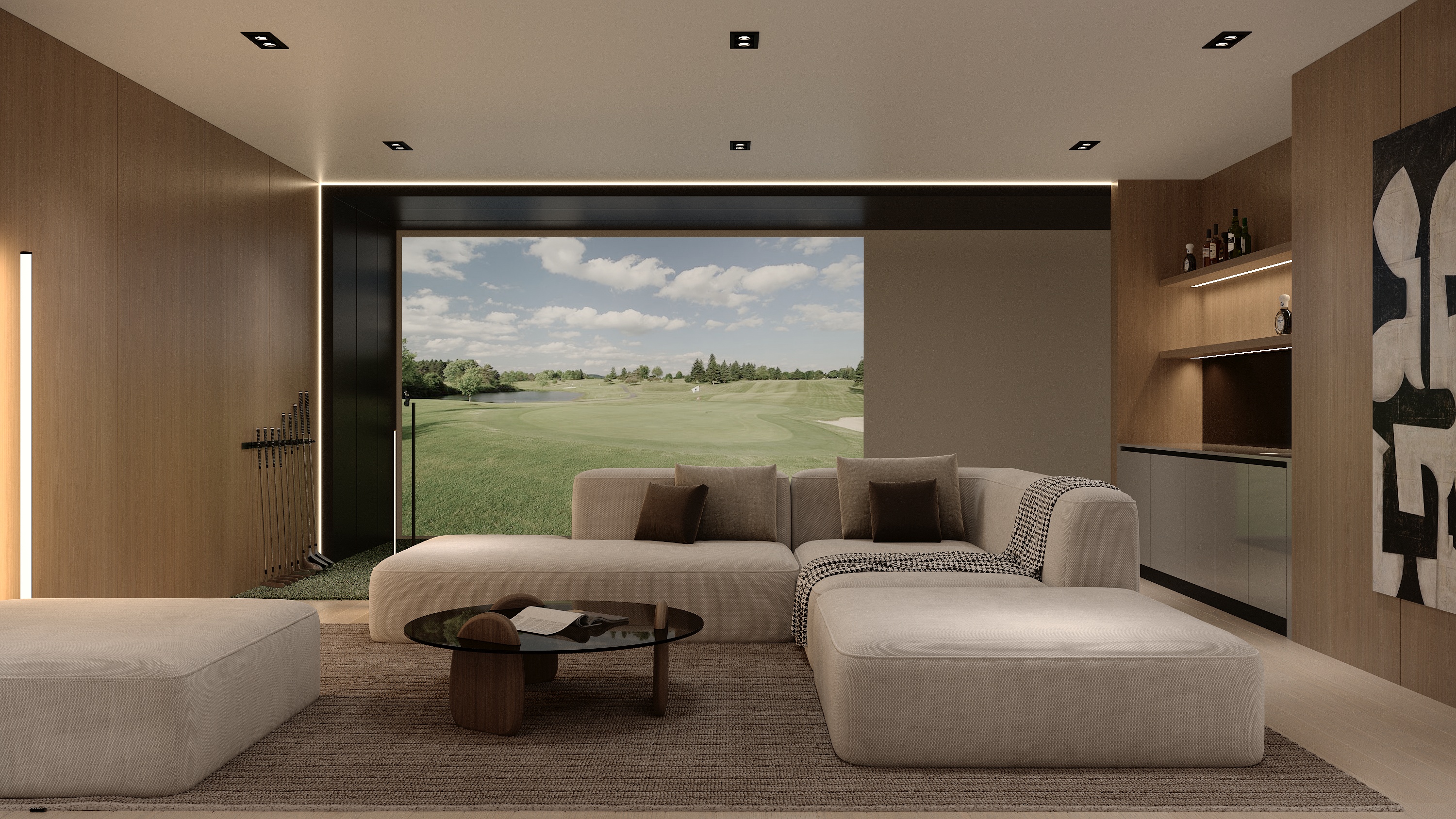 Lower level entertainment lounge at Scandinavian barn house West Vancouver by Eurohouse Construction