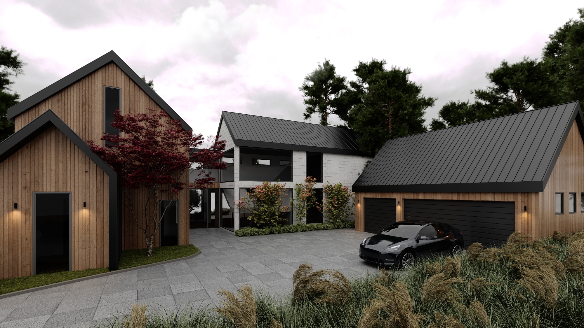 Front approach with twin barn gables, ornamental grasses, and standing-seam roof at Scandinavian barn house Spencer Road West Vancouver by Eurohouse Construction