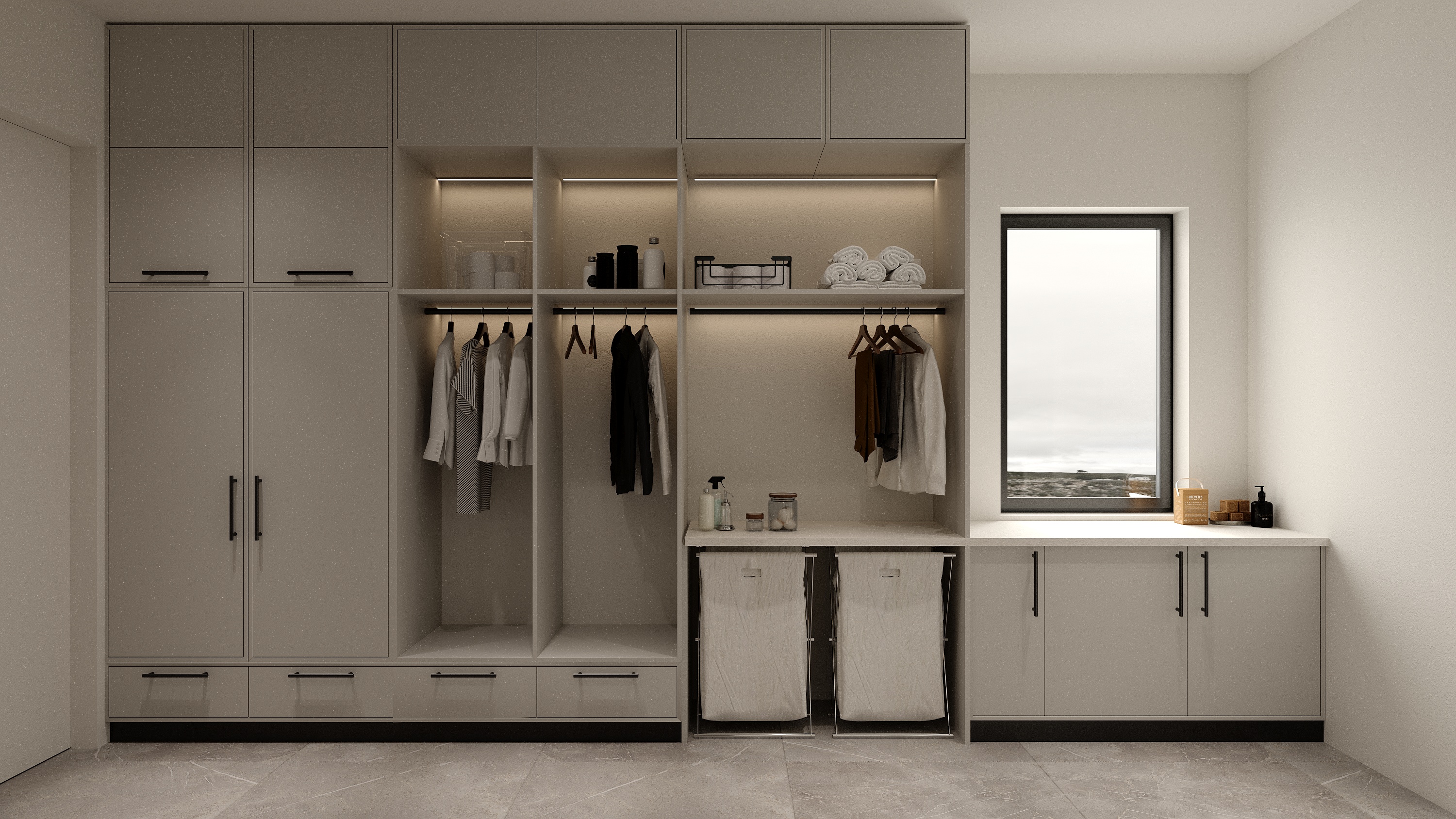 Laundry room detail at Scandinavian barn house West Vancouver by Eurohouse Construction