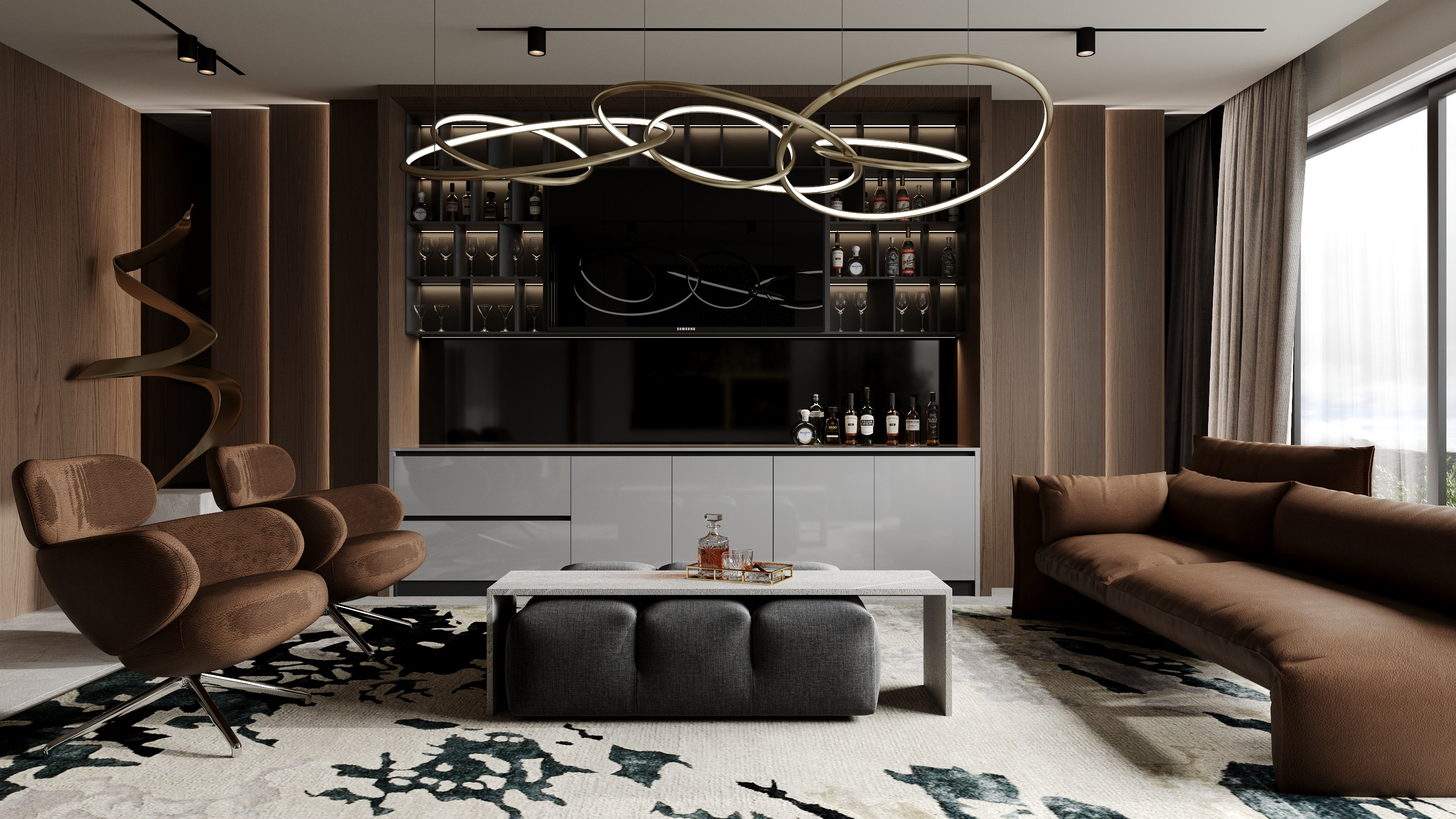 Living room with linear fireplace and leather furnishings at Scandinavian barn house West Vancouver by Eurohouse Construction