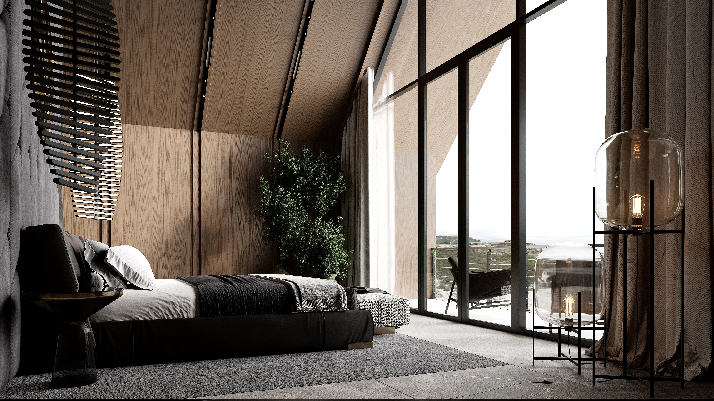 Open plan living and dining with timber beams at Scandinavian barn house West Vancouver by Eurohouse Construction