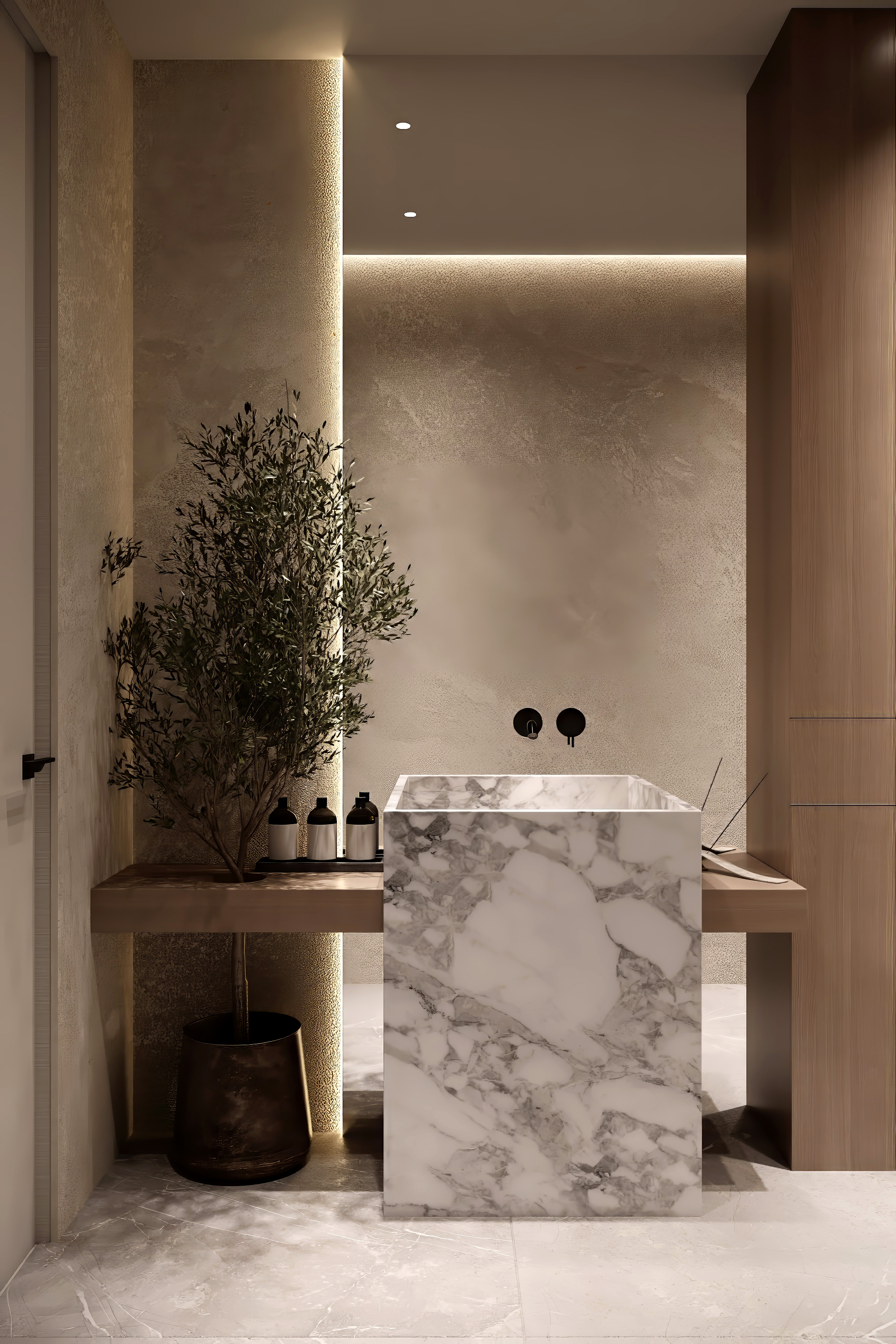 Powder room with stone vanity at Scandinavian barn house West Vancouver by Eurohouse Construction