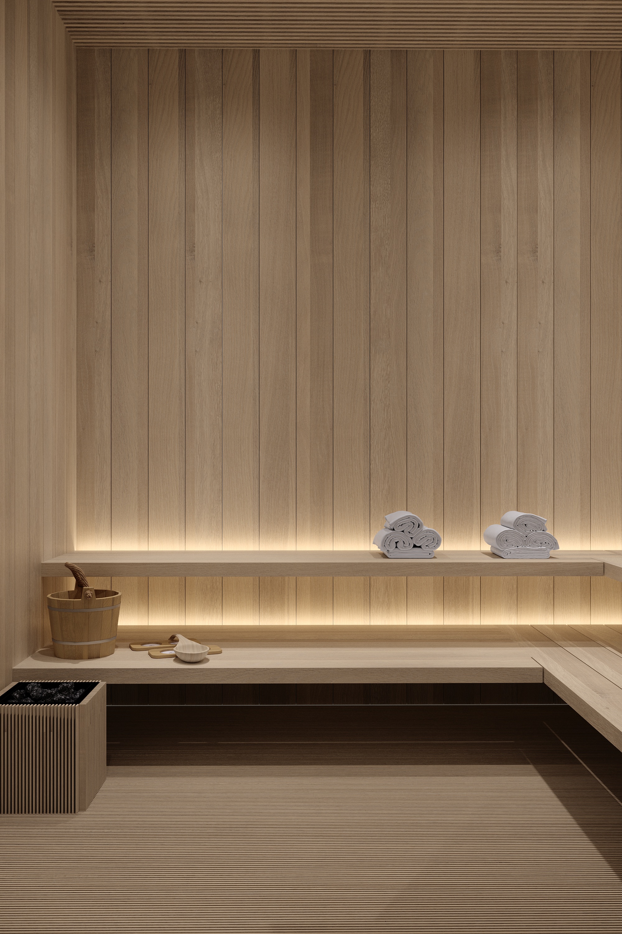 Nordic sauna interior with timber bench at Scandinavian barn house West Vancouver by Eurohouse Construction