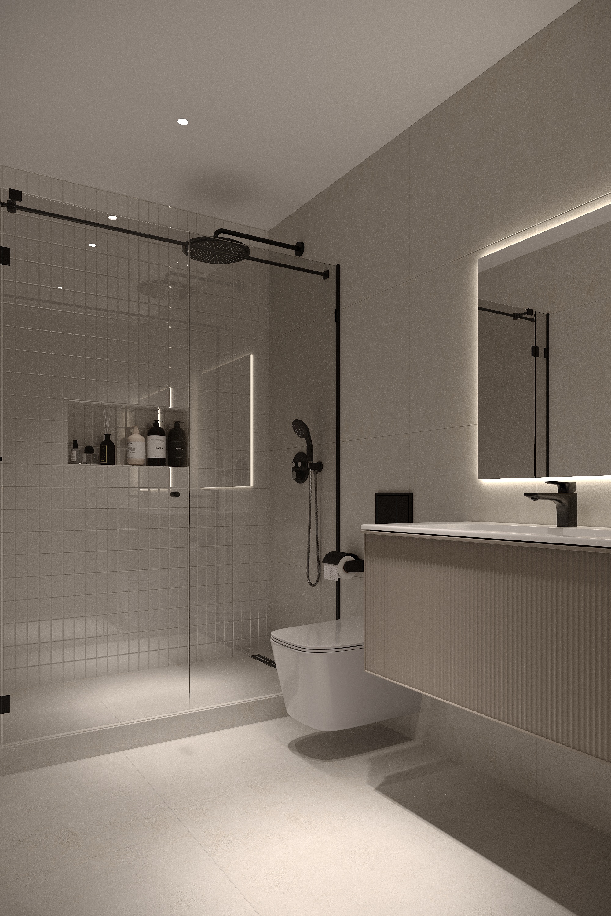 Upper level bathroom with stone and oak at Scandinavian barn house West Vancouver by Eurohouse Construction