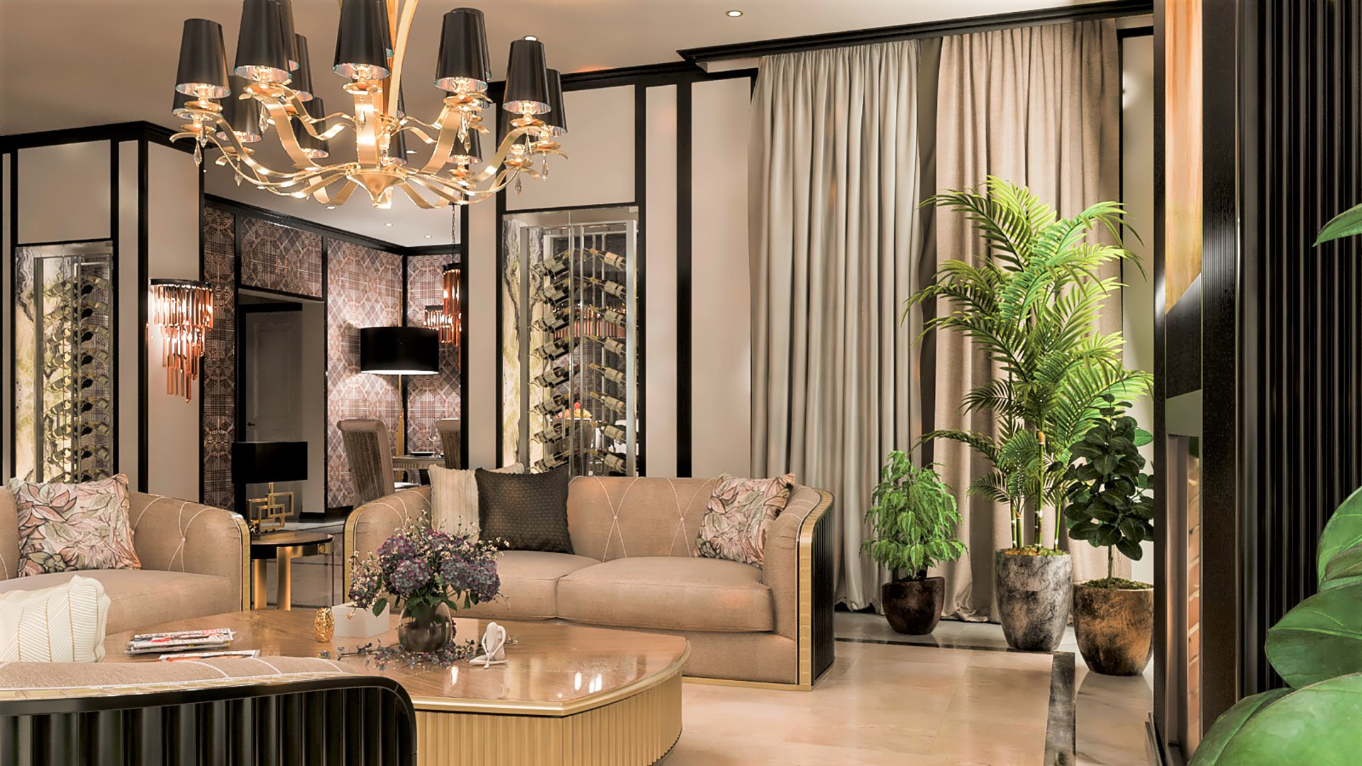 Luxury lounge with temperature-controlled wine storage, art deco patterned walls, and gold chandelier in The H House Italian-inspired estate West Vancouver