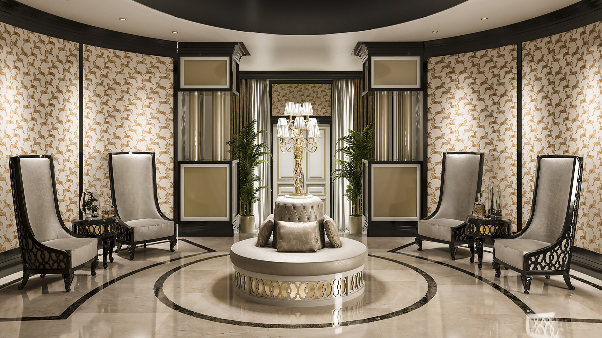 Grand circular rotunda foyer with equestrian wallpaper, marble medallion floor, tufted center ottoman, and high-back accent chairs in The H House West Vancouver luxury home