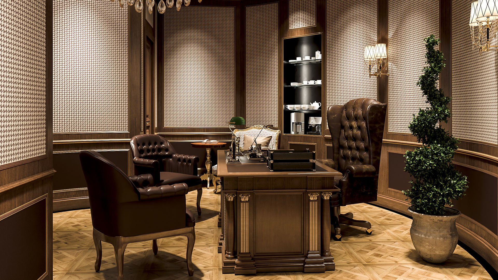 Executive study alternate view with tufted leather chairs, herringbone parquet flooring, and espresso bar niche in The H House West Vancouver luxury estate by Eurohouse Construction
