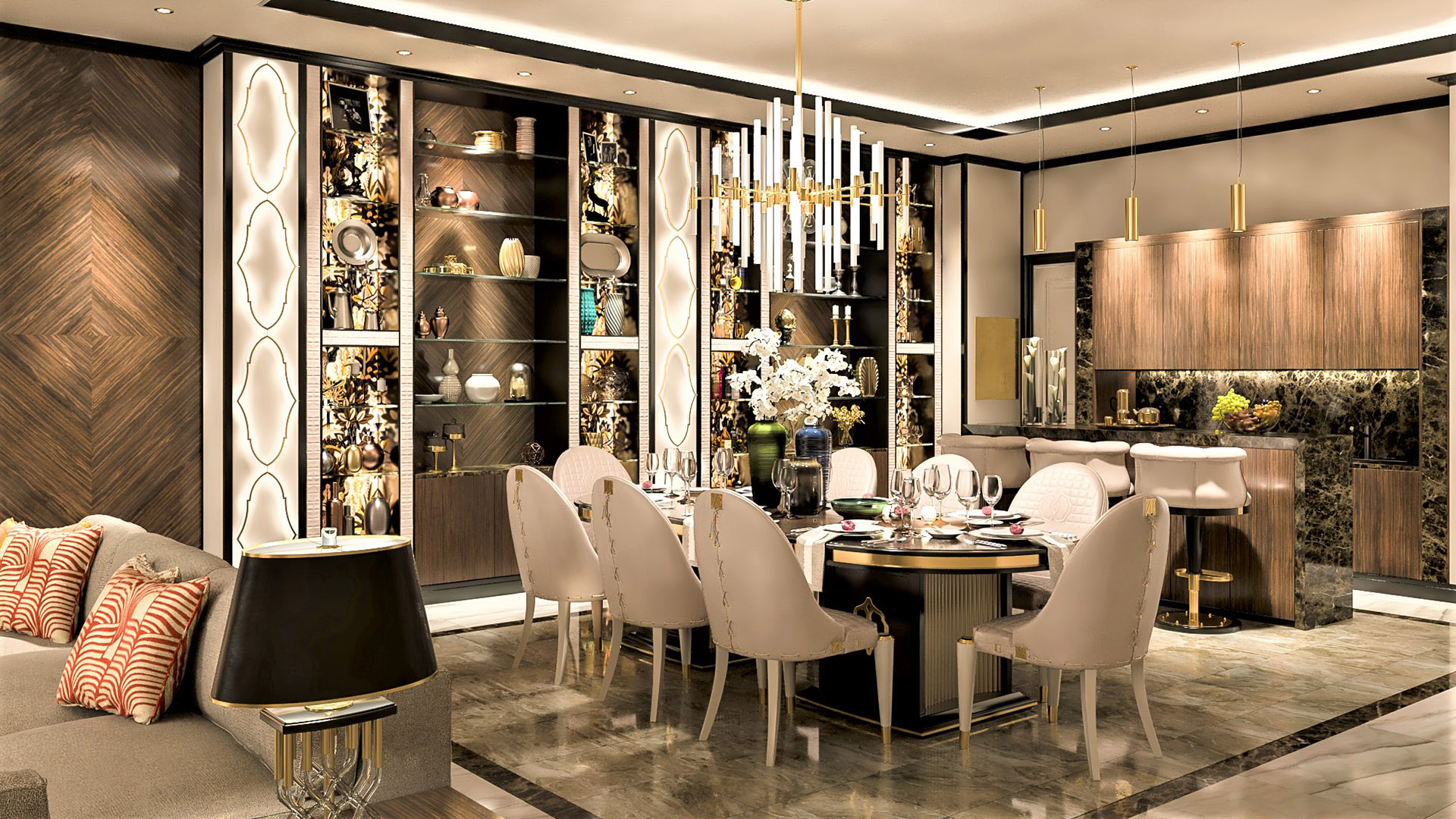 Open concept dining room with illuminated display cabinets, contemporary chandelier, and designer seating in The H House West Vancouver luxury home