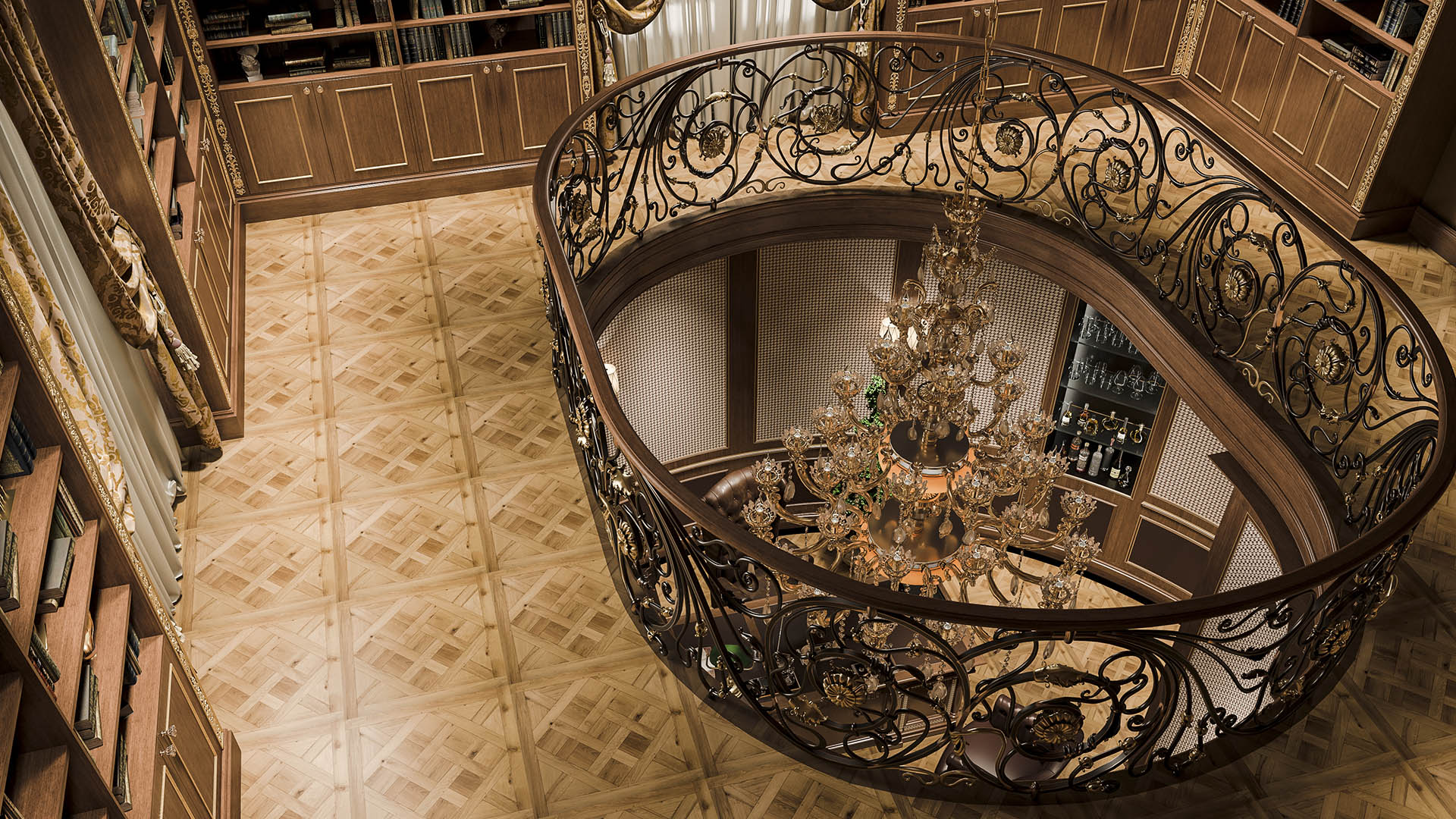 Grand spiral staircase with hand-forged ornamental wrought iron railing, parquet de Versailles floors, and crystal chandelier viewed from above in The H House West Vancouver luxury estate