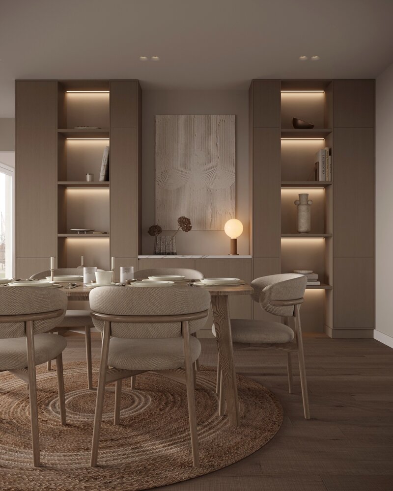 Living room rendering with built-in shelving