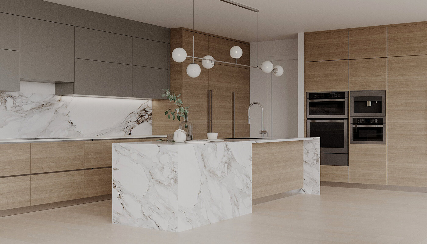 Insurance restoration kitchen with marble waterfall island in West Vancouver