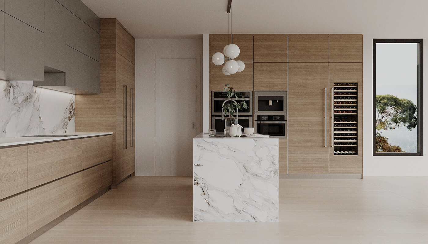 Kitchen alternate view with wine storage