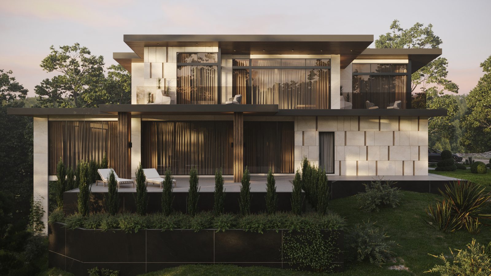 Wingline House rear terrace with lounge chairs and full-height glazing — West Vancouver by Eurohouse Studio