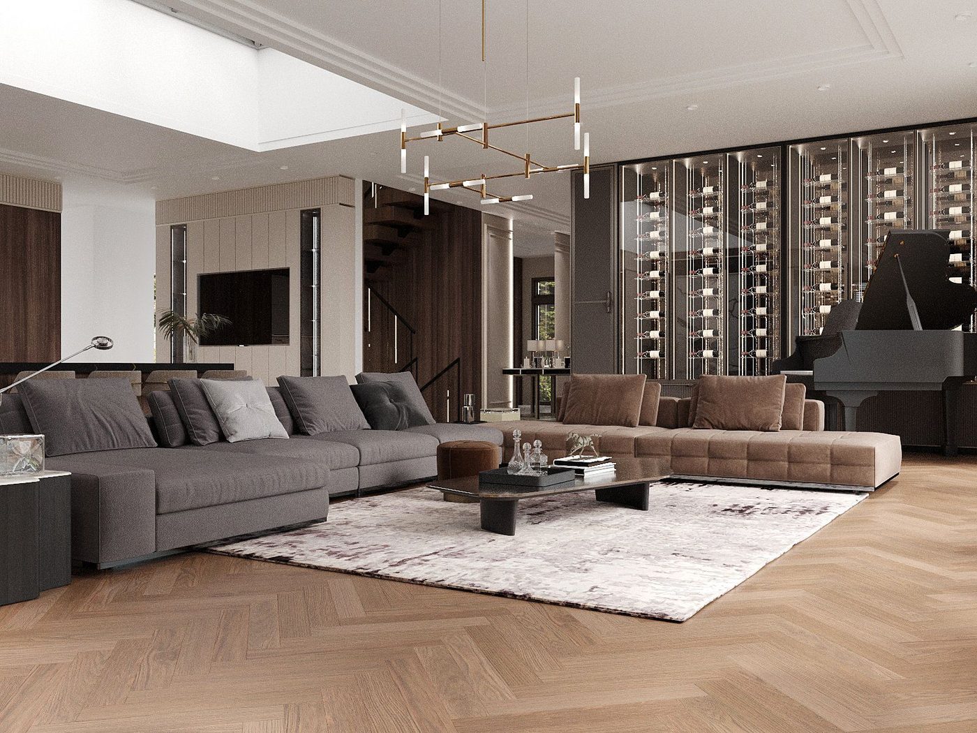 Living room with glass wine wall, grand piano, herringbone oak floors, and dual sectional sofas at Wingline House by Eurohouse Studio