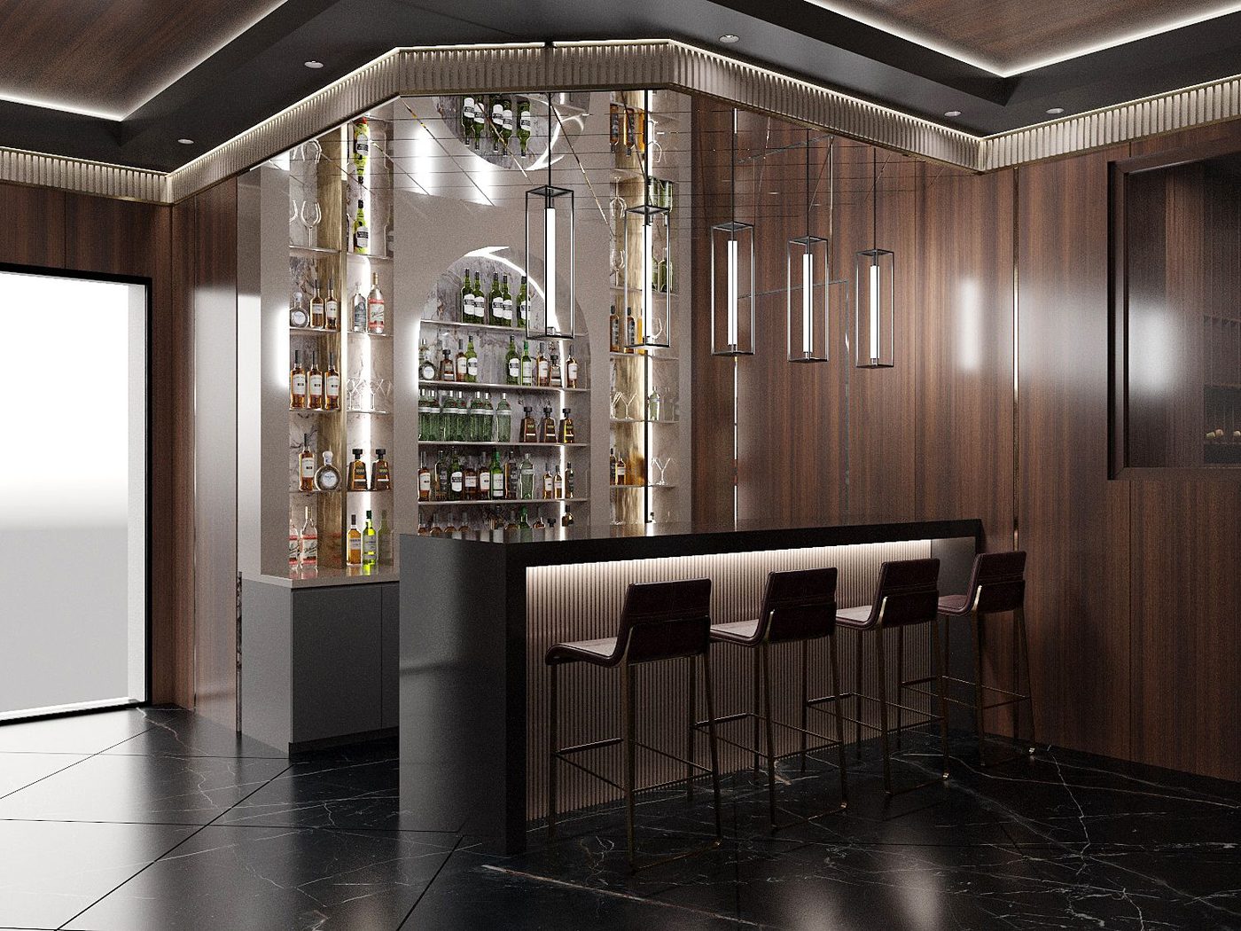 Private bar with mirrored bottle display at Wingline House by Eurohouse Studio