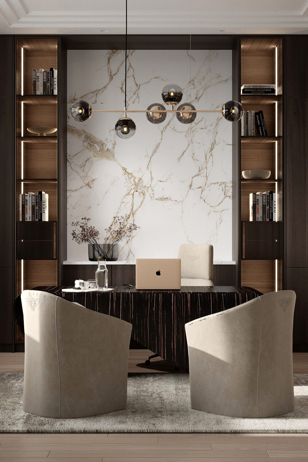 Private office frontal view with backlit bookshelves at Wingline House by Eurohouse Studio